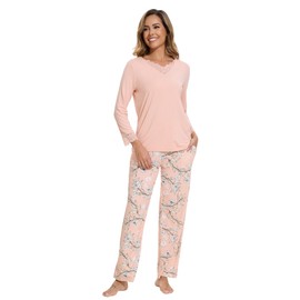 WiWi Viscose from Bamboo Pajamas Sets for Women Long Sleeve Sleepwear Soft V Neck Top with Pants Plus Size Pjs S-4X, Blush+Pink flowers, XX-Large