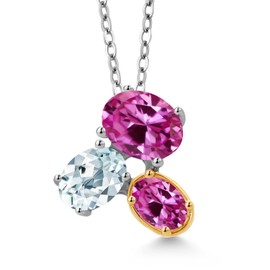 925 Silver and 10K Yellow Gold Pink Created Sapphire and Sky Blue Aquamarine Pendant Necklace For Women (2.90 Cttw, Oval 8X6MM, 7X5MM and 6X4MM, Gemstone September Birthstone, with 18 Inch Chain)