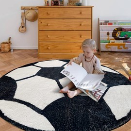 Poowe Black Soccer Soft Plush Round ABC Rug for Kids Room 2.6 ft Alphabet Rug Non Slip Nursery Rug Bedroom Playroom Rug Washable Classroom ABC Circle Rug for Kids Baby Toddlers