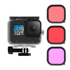AuyKoo GoPro Hero 9/Hero10/Hero11/Hero11/Hero12/Hero13Black Waterproof Case + 3 Lens Filter, Diving Case [Waterproof 50 M] Waterproof Housing, Protective Case, Lens Filter [Set of 3], Protective