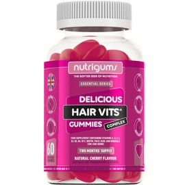 NUTRIGUMS® - Hair Vitamin Biotin Complex | 60 Vegan Cherry Flavour Gummies | Two Month Supply | Contains 12 Essential Nutrients with Biotin, Zinc & Vitamin A & C.