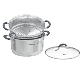 SUNHOUSE - 3.1 Quart Steamer Pots with Lid 2-Tier Multipurpose Stainless Steel Steaming Pot Cookware with Handle for Vegetable, Dumpling, Sauce, Food - Triple Bottom, Measurement Line