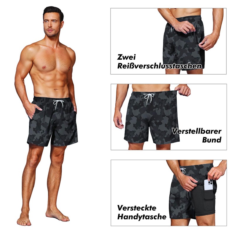 HMIYA Men's 2-in-1 Swimming Trunks, Quick-Drying Short Board Shorts with