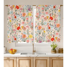 Stanoha Kitchen Curtains (2 Pcs) Over Sink for Bathroom Window Cafe Basement Cortinas para Cocina Farmhouse Short Mini Curtain Flower Floral Summer Elegant Country Rustic Modern Cute - 26×36"