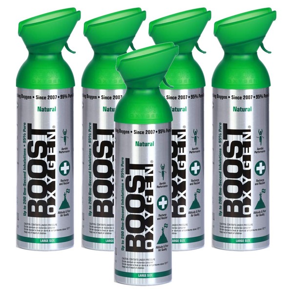 Boost Oxygen Canned 10 Liter Natural Oxygen Inhaler Canister Bottle for High Altitudes, Athletes, and More, Flavorless (5 Pack)
