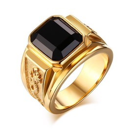 Ganquya Vintage Yellow Gold Plated Men's Biker Square Black CZ Zircon Ring Obsidian Black Onyx Ring with Dragon Signet Ring, Mens Birthstone Ring Fathers Day Wedding Jewelry Gifts（10）