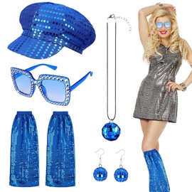 Saier tbo 5Pcs 1970s Disco Accessories Set for Women, Blue Abba Fancy Dress Costume Accessories with Sequin Hat Leg Warmers Bling Sunglasses Earrings Necklace for Adults Retro 70 Theme Party Dance