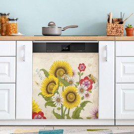 Sletend Bees Sunflower Vintage Dishwasher Magnet Cover Kitchen Dishwasher Sticker, Easily Trimmable Decorative Dishwasher Covers for Dish Washer Door Sticker,Refrigerator 23 X 26 Inch