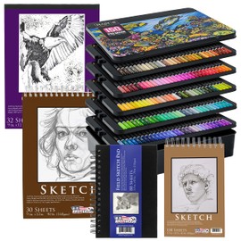 Master 150 Colored Pencil Mega Tin Set with Premium Soft Thick Core Vibrant Color Leads with 4 Different Sketching & Drawing Paper Pads - Artist Art Blending, Shading, Layering, Adult Coloring Books