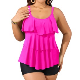 Yonique Women's Plus Size Tankini Swimsuits with Shorts Two Piece Bathing Suits Ruffle Swimsuits Tummy Control Swimwear, Hot Pink, 18 Plus