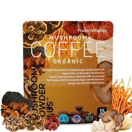 PowderVitamin Organic Mushroom Coffee Certified Mold & Mycotoxin Free GrassFed Collagen Types I & III 8 Fruiting Body Mushrooms Tested for BetaGlucans Focus Energy Digestion & Immunity 15 Servings