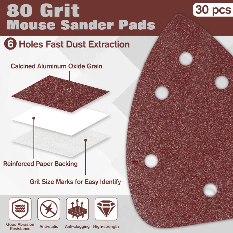 LEONTOOL 30 Pieces Mouse Sandpaper 80 Grit 6 Holes Mouse