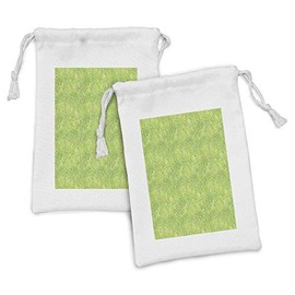 Lunarable Green Fabric Pouch Set of 2, Line Art Style Flourish Pattern on Green Tone Backdrop Ornate Victorian, Small Drawstring Bag for Toiletries Masks and Favors, 9" x 6", Apple Green Pale Yellow