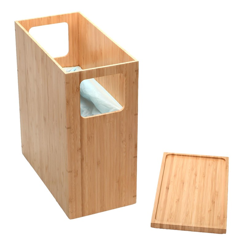 Bamboo Slim Trash Can with Lid, Waste Basket for Bathroom,