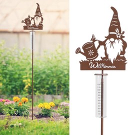 JUJOYBD Decorative Rain Gauge for Garden Metal, Rain Gauge with Ground Spike 100 cm, Rainwater Meter Glass Garden Stake & Welcome Sign, Christmas Gnome for Balcony Patio