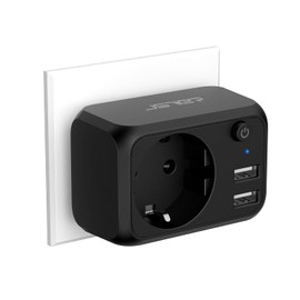 JSVER USB Socket 4000 W Socket Adapter USB Multiple Socket with Switch Socket Schuko with 2 USB Charger for Office, Home or Travel, Black