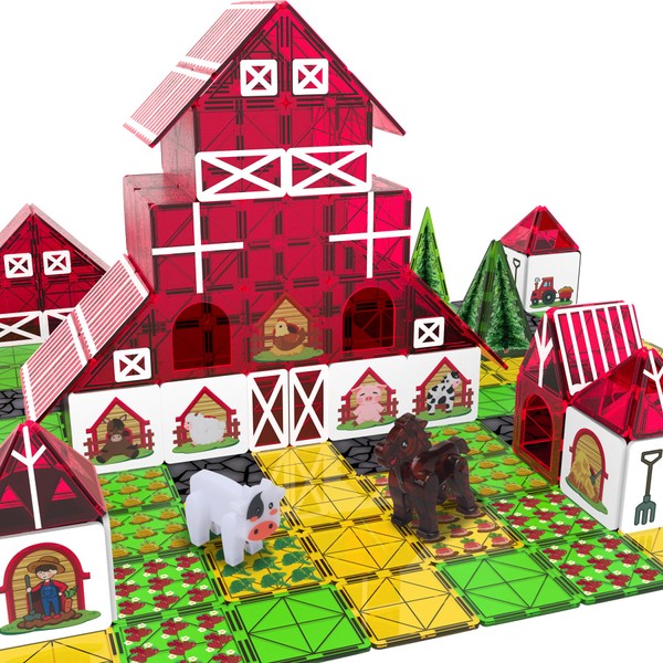 Magnetic Tiles Farm Animal Toy Set with Interactive Cow &