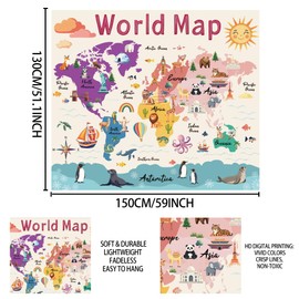 ACRNIGHEET World Map Tapestry for Education Various Cute Cartoon Animals Tapestry Wall Hanging for Bedroom Wild Animals And Plants Classroom Tapestry Funny Educational Learning Tool 59 x 51 In