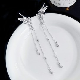 Butterfly Ear Cuff Earrings For Women Non Piercing Silver With Long Chain Tassel Dangles Cute Trendy Ear Cuffs Wrap Clip On Earrings Gift For Her frend Wife