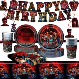 88PCS Stranger Birthday Party Full Supplies Kit：1 Banner + 6 Hanging Swirls + 20 (9-inch) Plates + 20 (7-inch) Plates + 20 Napkins + 20 Cups + 1 Tablecloth