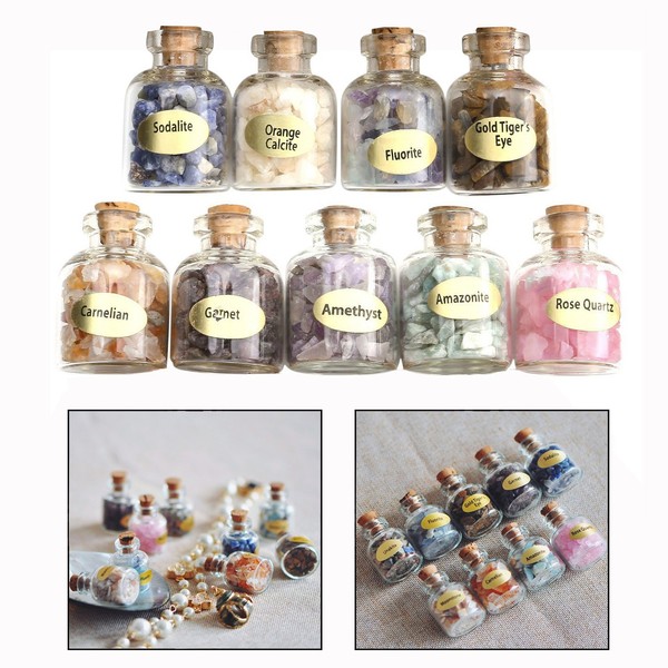 Itian 9Pcs Mini Glass Wish Bottles, Crystals and Healing Stones, Energy Chip Stone Crystal Chip Stone Collection Kit for Decoration