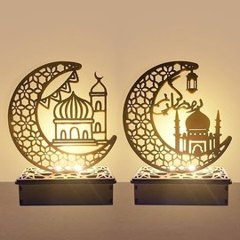 TaimeiMao Pack of 2 Wooden Eid Mubarak Table Decoration, Ramadan Wood DIY Lamp Light, Muslim Festival Decorative, LED Moon DIY Lamp Light, Ornament Lamp for Muslim Festival Parties at Home