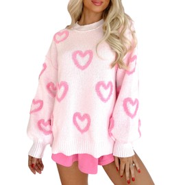 Felcia Women's Valentine's Day Knit Sweater Cute Heart Print Long Sleeve Knit Pullover Casual Loose Jumpers Tops Aesthetic Clothes (B-Pink, S)