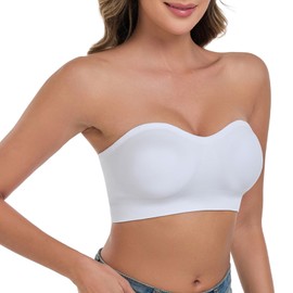 ANGOOL Women's Bandeau Bra Strapless Non-Wired Padded Seamless Multiway Convertible Straps Full Support Non-Slip, White, M
