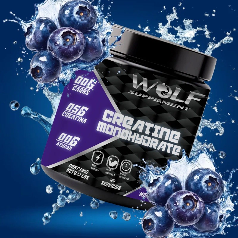 Creatina Monohidratada 500g En Polvo Wolf Varios Sabores Mora Azul