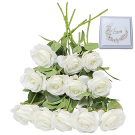 LVEFIT Artificial Rose Flower Artificial Flowers Flower with Long Stem Silk Roses Bouquet for Wedding Bridal Shower Party Home Decoration (White, 12 Pcs)
