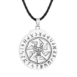 Norse Viking Kolovrat Rune Wolf Necklace for Men Punk Slavs Mythology Rune Letter Pendant Black Leather Chain Amulet Jewelry