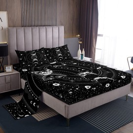 Manfei - Juego de sábanas de sol y luna, tamaño individual, juego de cama psicodélico con estrellas espaciales para decoración de habitación de niños, color negro, sol, luna, bohemio, 3 piezas con