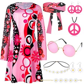 60s 70s Hippie Costume Set for Women, Retro Dress Accessories with Floral Skirt Headband Sunglasses Disco Kit for Party (L)