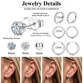 KALVICA 6 Pairs Silver Hoops Earrings for Women Men 925 Sterling Silver Stud Earrings Hoop Earrings Set with Cubic Zirconia Multiple Piercing Cartilage Small Huggie Hoop Earrings Hypoallergenic