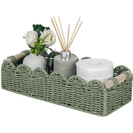 CubesLand Toilet Paper Storage Basket Scalloped Edge Home Decor Green Basket, Living Room Cozy Decor, Paper Rope Small Baskets for Over Toilet Storage Shelf, End Table, Shelves, with 2 Wooden Handles