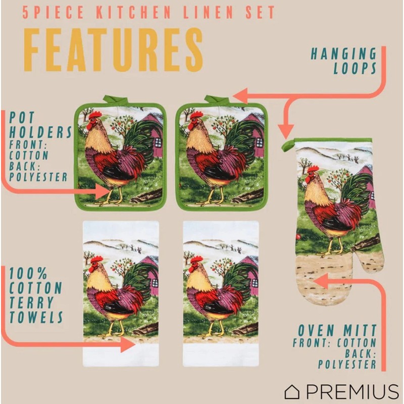 Premius 5pc Kitchen Set: 2 Jumbo Pot Holders, 1 Oven