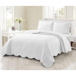 BOREA King Size Quilt Bedding Set White Bedspreads - Bed Summer Quilt Lightweight Microfiber Ultrasonic Bedspread- Classic Pattern Bedding Coverlet for All Season - 3 Piece (1 Quilt, 2 Pillow Shams)