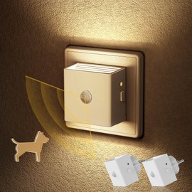 Emeritpro Night Light Socket with Motion Sensor and Twilight Sensor (3 Brightness Levels, Optional Auto/On/Off Mode) 1W LED Night Light for Children's Room, Hallway, Stairs, Kitchen, Pack of 2, Warm White