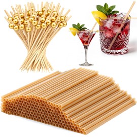 Domensi 200 Pcs Cocktail Straws and Picks Kit 5 Inch Short Biodegradable Straws and 4.7" Gold Mocktail Toothpicks Compostable Cocktail Stirrers Straw for Drinks Fruit Skewer Bar Cafe Club Party