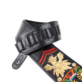 Walker And Williams KB-50-BLK Handmade Black 3" Guitar Strap With Red And Gold Carved Mayan Design on Premium Black Leather For Acoustic, Electric, And Bass Guitars, Black, Regular