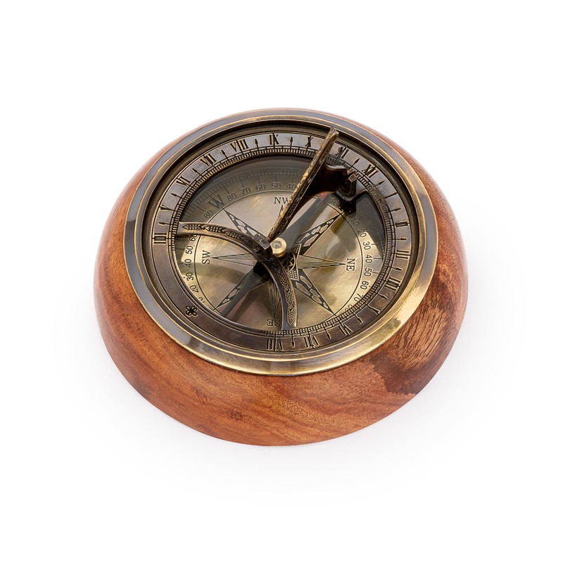 NKlaus Sundial Compass Made of Antique Brass on Wooden Base