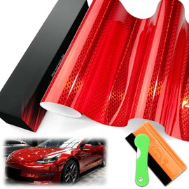 1FTx5FT PET Stealth Carbon Fiber Gloss Red Vinyl Wrap Auto Car Sticker Decal Film Sheet Bubble Free Air Release Technology with Tool Set