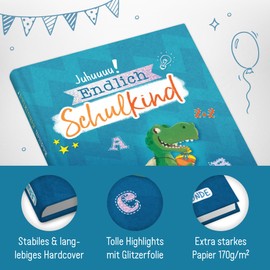 Häfft® Endlich Schulkind A5 Memory Album for School for Boys "Dino" Hardcover First Day of School Gift for the School Cone - Sustainable and Climate Friendly