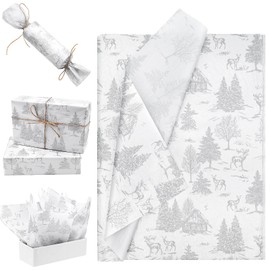 30pcs 50 * 35cm Silver House Tree and Elk White Tissue Paper,50 * 35cm Wrapping Paper Bulk for Christmas Wedding Birthday DIY Gift Decorations