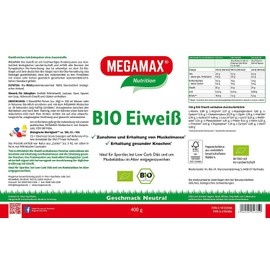 MEGAMAX Nutrition Organic Protein Powder Flavour Neutral, 400 g Powder