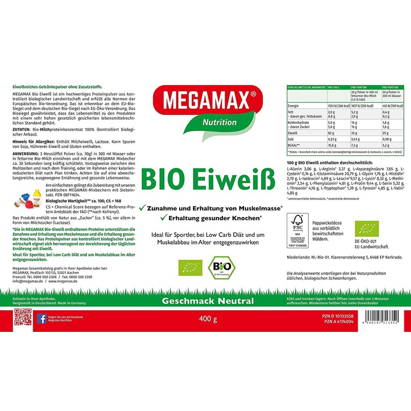 MEGAMAX Nutrition Organic Protein Powder Flavour Neutral, 400 g Powder