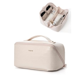 Yikisite Travel Makeup Bag, Large Capacity Cosmetic Organizer for Women, Waterproof PU Leather Portable Pouch with Divider and Handle, Flat-Open Toiletry Bag (Croc Embossed, White)