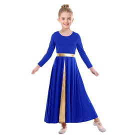 ZYACTU Girls Long Sleeve Praise Dance Dress Metallic Gold Liturgical Worship Costume Lyrical Costumes Church Robe Tag 150,Royal Blue, 11-12 Years