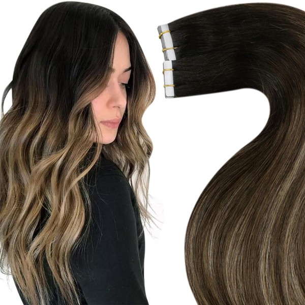 LaaVoo Tape Extensions, Real Hair, 50 cm, Ombre, Black to Brown with Caramel Blonde, 50 g/20 Pieces
