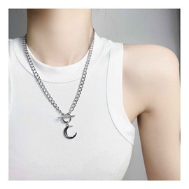 Cimenexe Punk Crescent Moon Pendant Necklace Crescent Moon Choker Necklace Silver Toggle Clasp Necklace Choker Cuban Chain Necklace Jewellery for Women and Girls